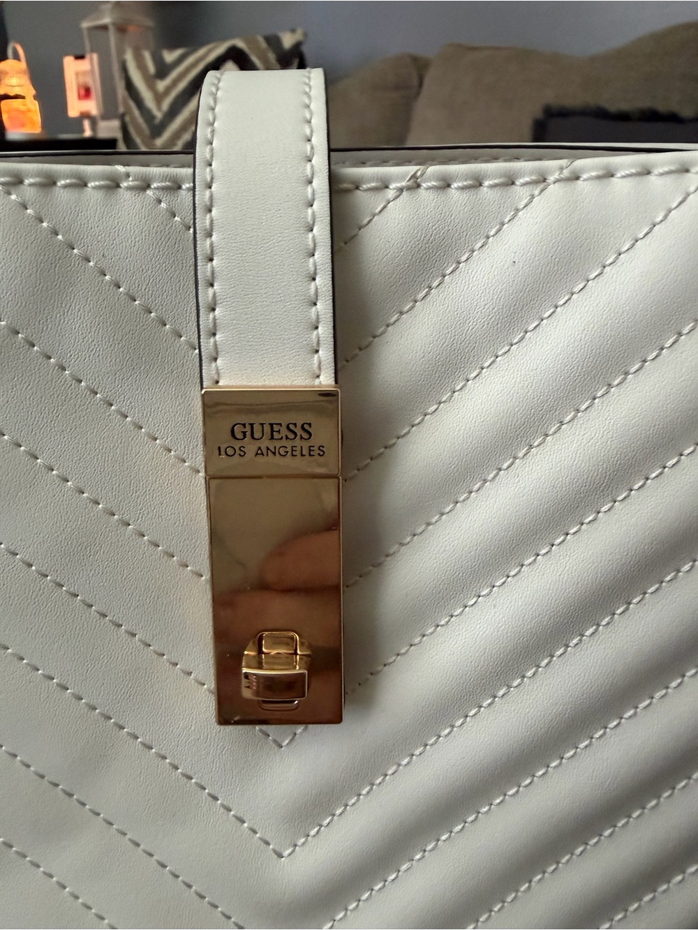 GUESS White Quilted Top-Handle Satchel with Gold Accent - Picture 2 of 4